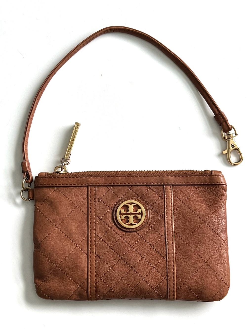 Tory Burch Cognac Leather Gold Hardware Wristlet Pouch